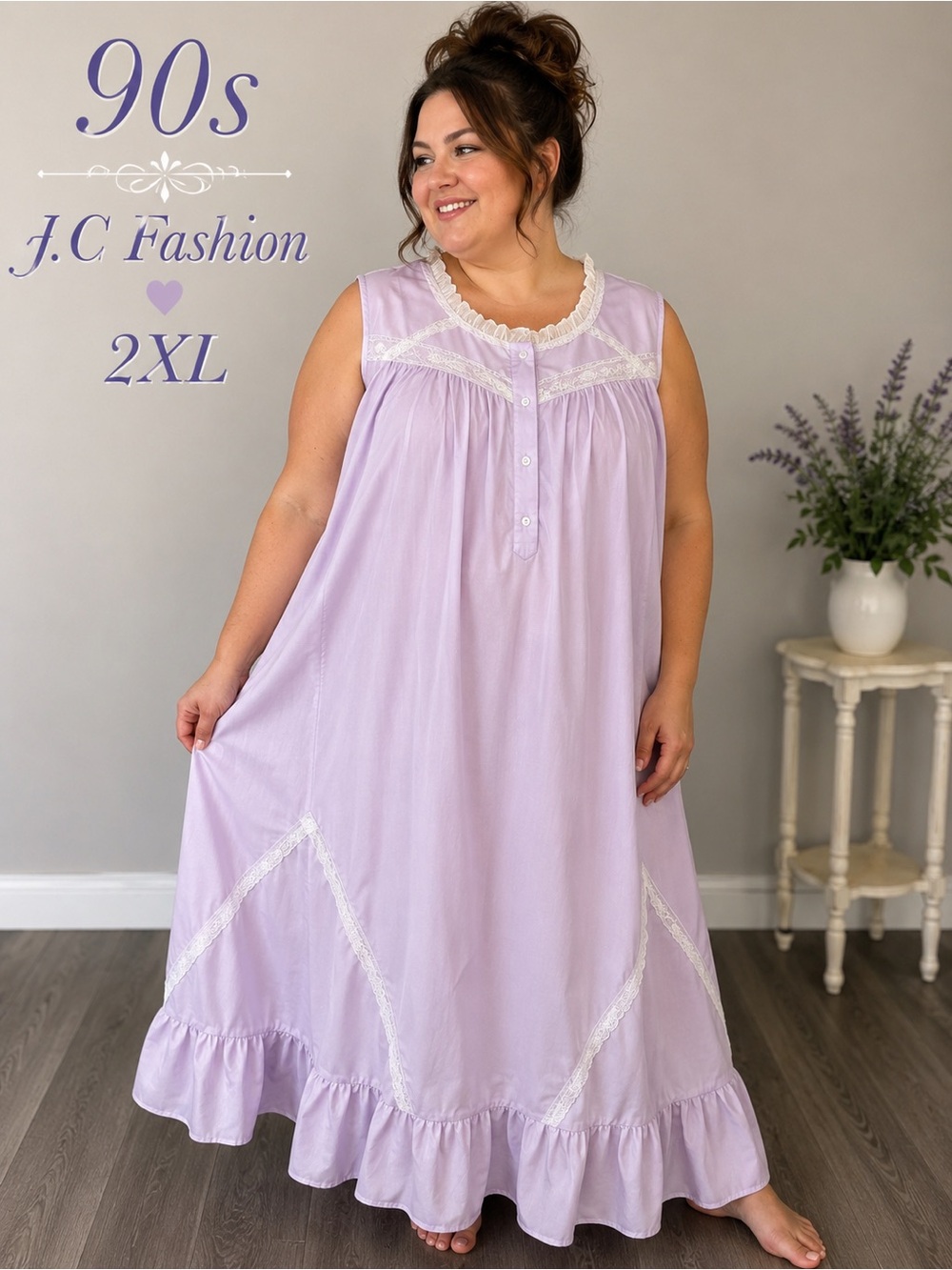 Vintage 90s J.C Fashion 2XL Lilac Granny Gown Lace Trim Maxi Nightgown